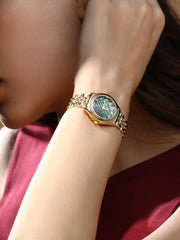 ساعة دائرية رفيعة مضلعة بسلسلة H-Link - أخضر زمردي