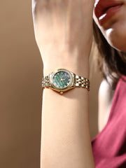 ساعة دائرية رفيعة مضلعة بسلسلة H-Link - أخضر زمردي