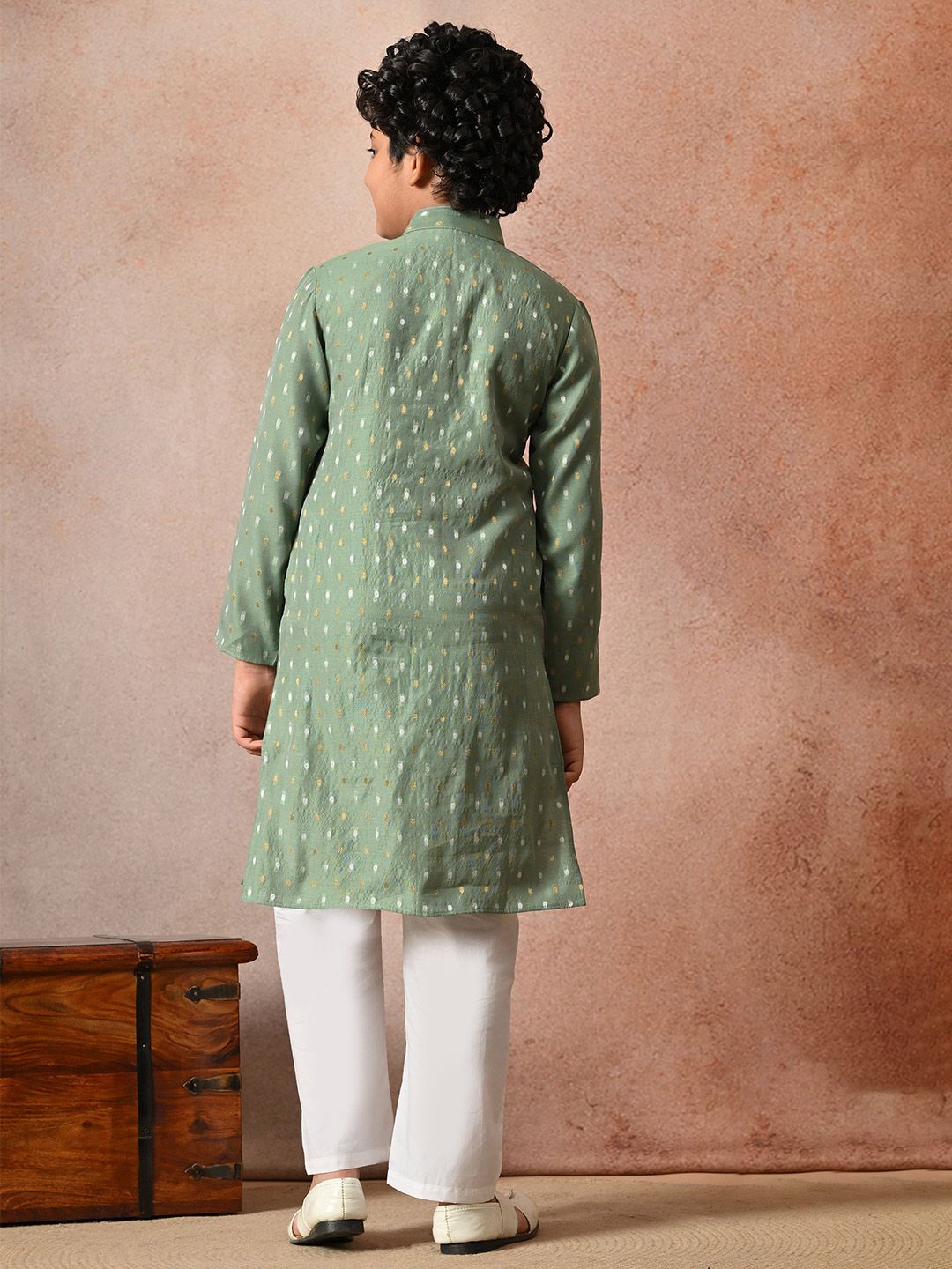 Indi Loom Couture Boys Green Chanderi Blazer Booti Kurta with Pyjama Set ILBKS37
