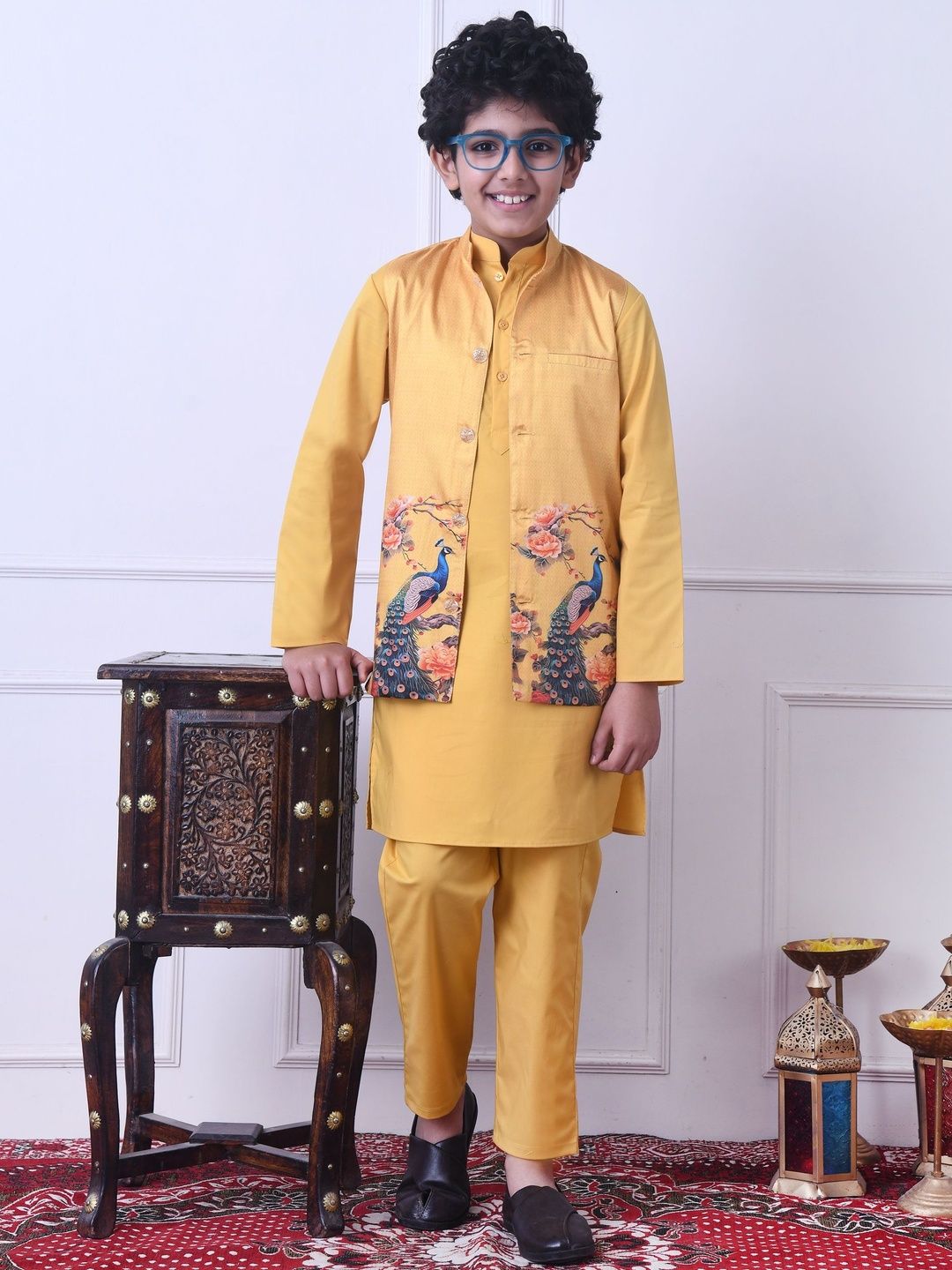 Indi Loom Couture Boys Mustard Yellow Printed Kurta Jacket with Pyjama Set ILBKSJ10