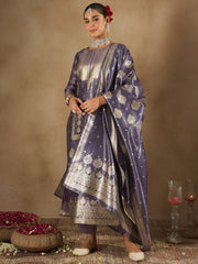 Purple Woven Design Straight Kurta Trousers With Dupatta set