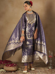 Purple Woven Design Straight Kurta Trousers With Dupatta set