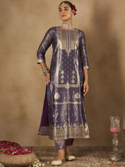 Purple Woven Design Straight Kurta Trousers With Dupatta set