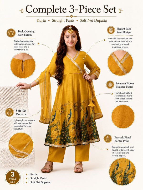 Indi Loom Couture Girls Mustard Yellow Printed Anarkali Kurta with Solid Pants & Dupatta Set ILKSD47