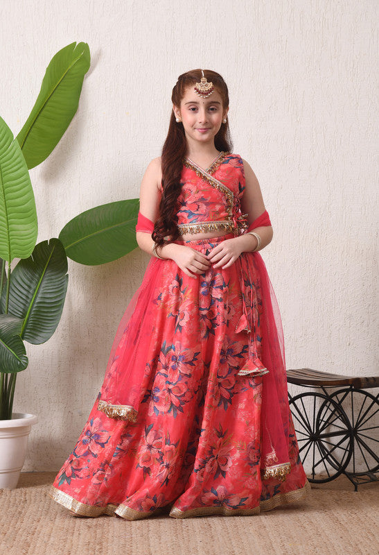 Indi Loom Couture Girls Coral Pink Floral Printed Lehenga Choli with Net Dupatta ILLCD40