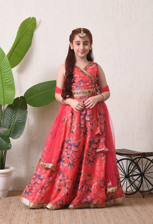 Indi Loom Couture Girls Coral Pink Floral Printed Lehenga Choli with Net Dupatta ILLCD40