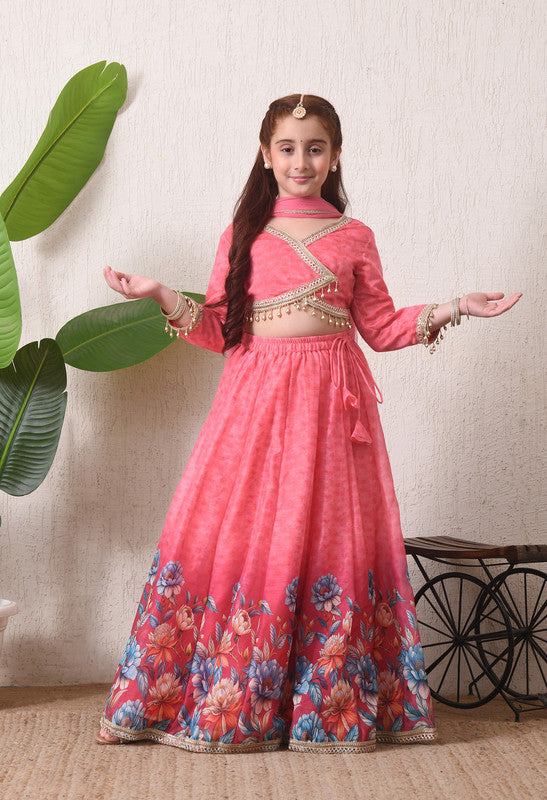 Indi Loom Couture Girls Pink Floral Border Printed Lehenga Choli with Net Dupatta ILLCD41