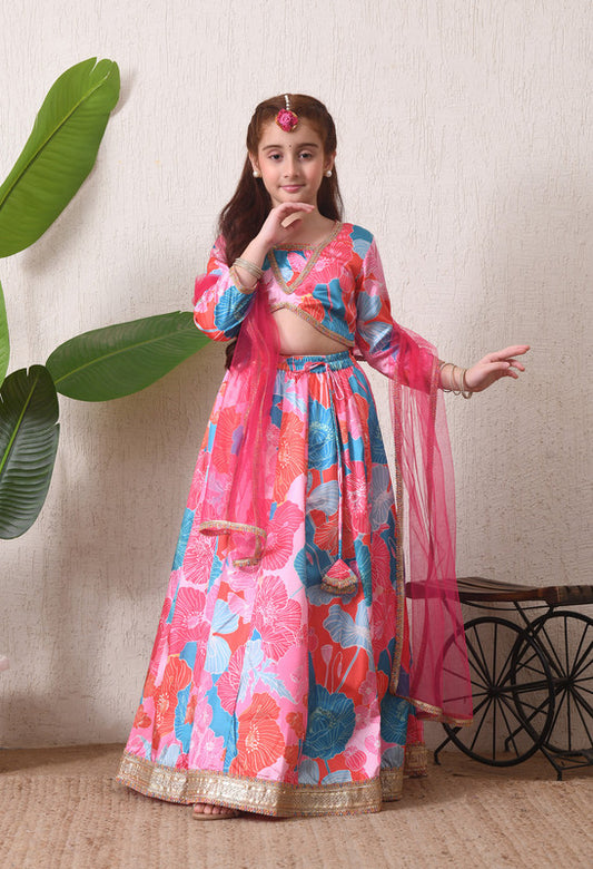 Indi Loom Couture Girls Pink Floral Printed Lehenga Choli with Net Dupatta ILLCD42