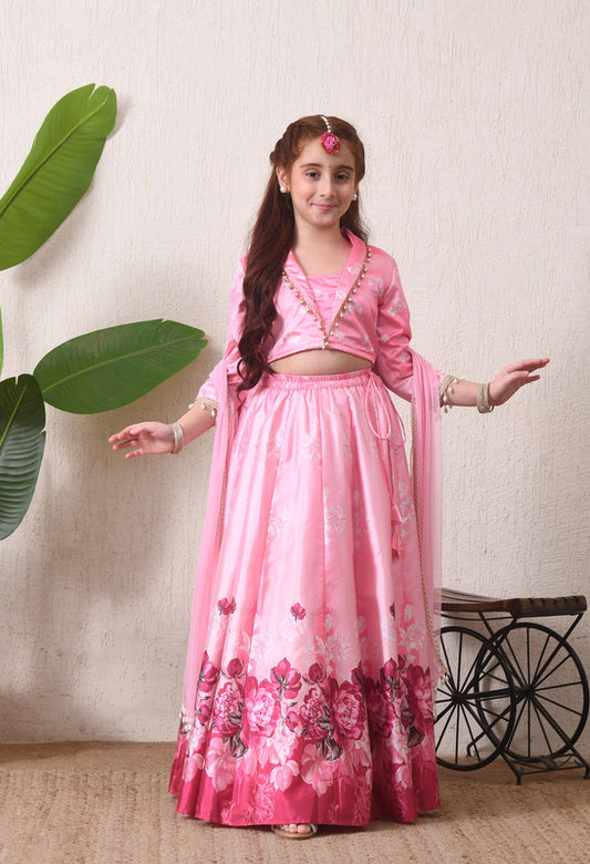 Indi Loom Couture Girls Pink Floral Border Printed Lehenga Choli with & Net Dupatta ILLCD45