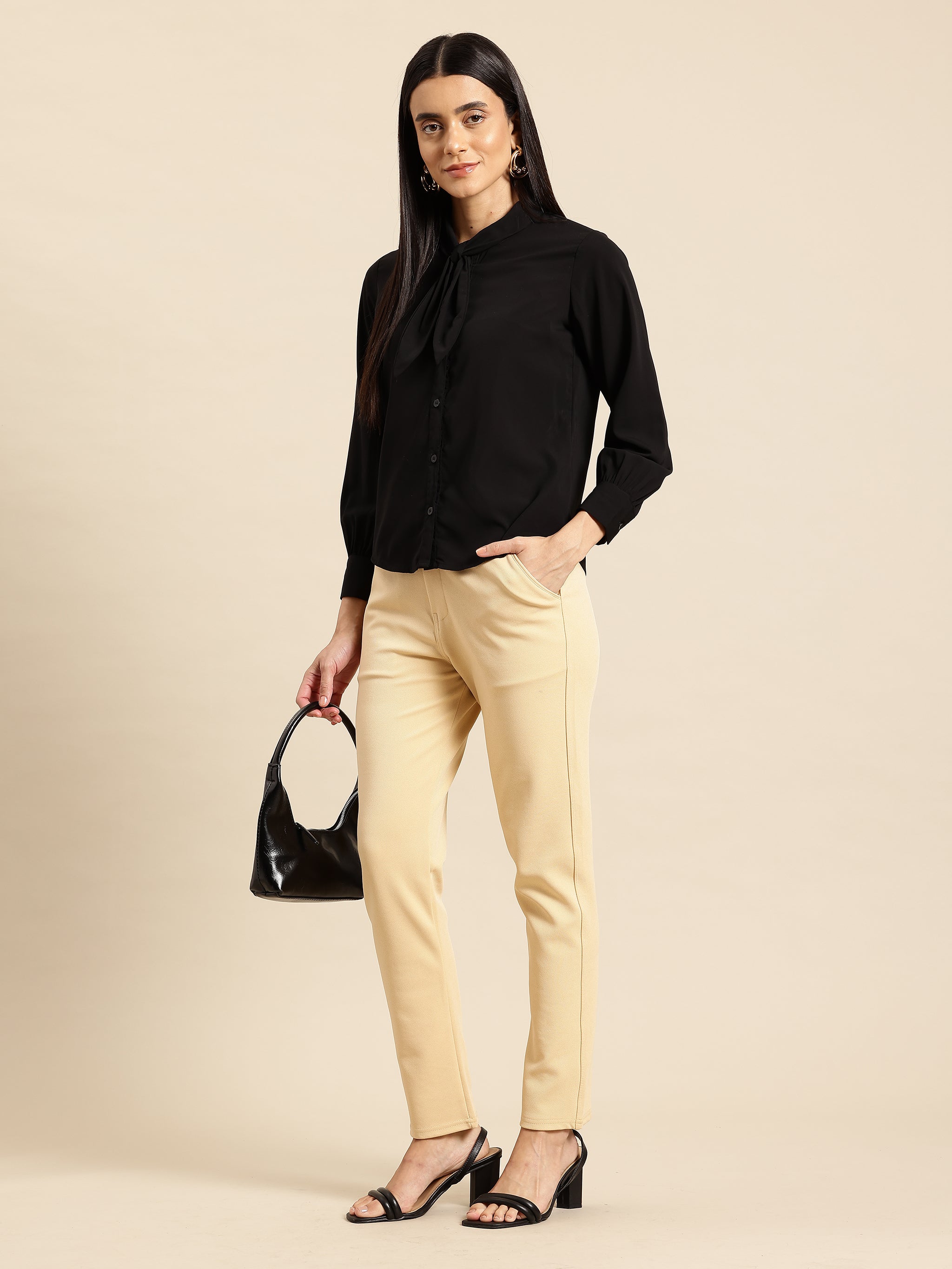 women mid rise wrinkle free plain formal trousers 1