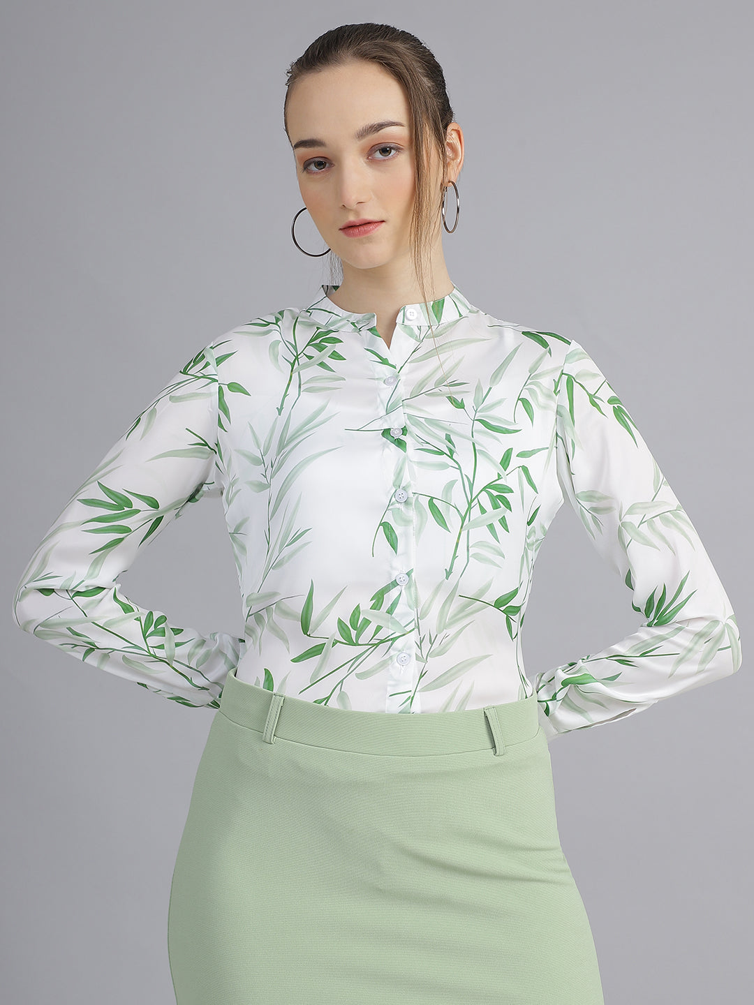 womens floral printted mandarin collar regular fit formal shirt