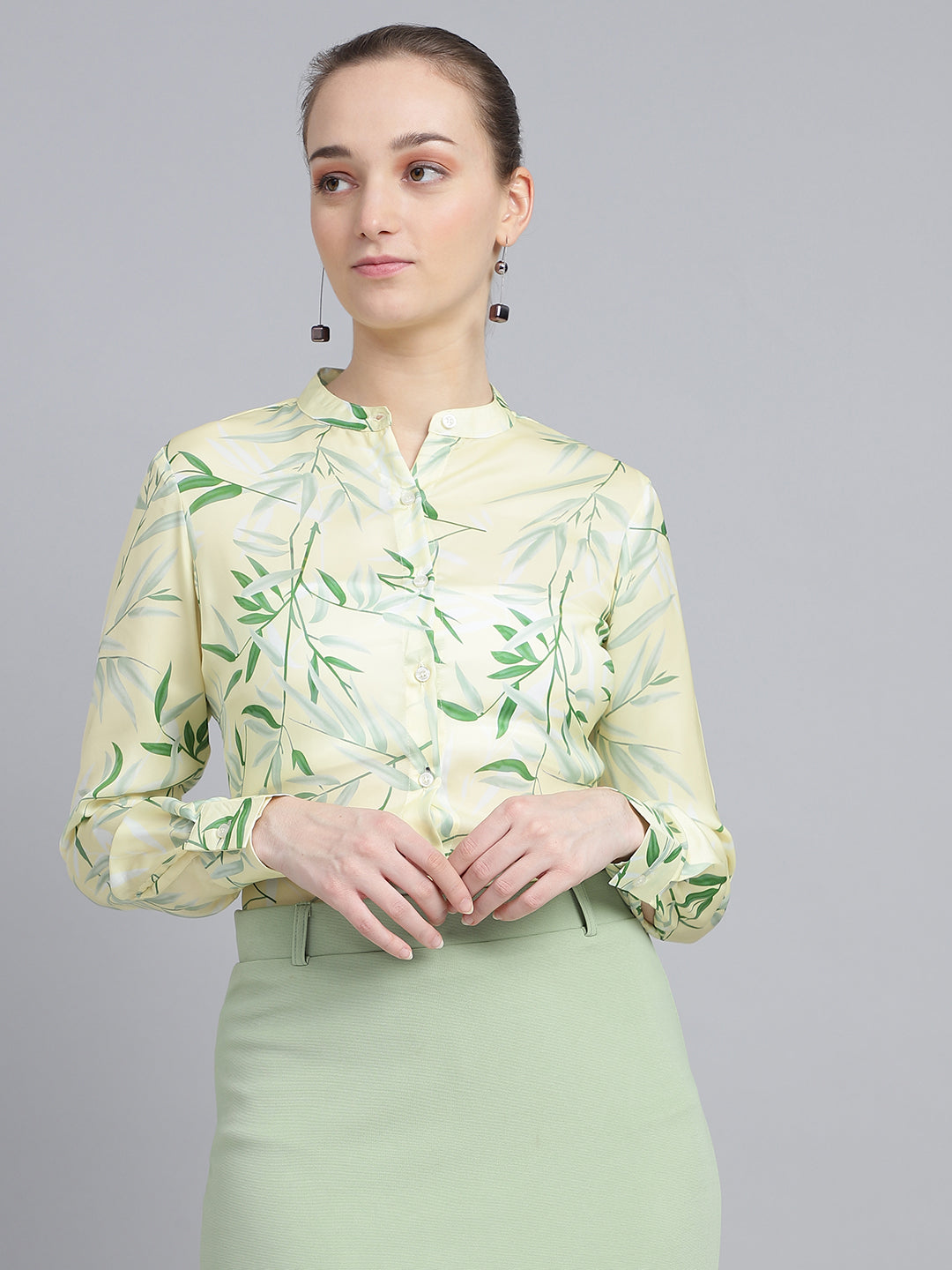 womens floral printted mandarin collar regular fit formal shirt