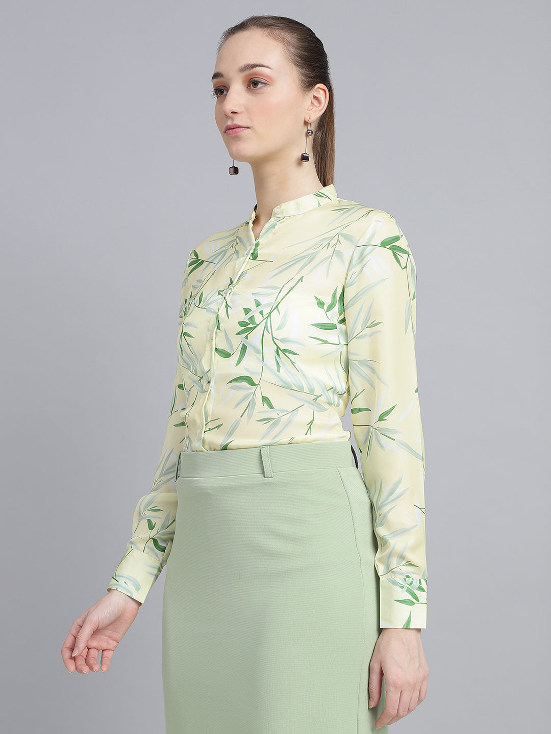womens floral printted mandarin collar regular fit formal shirt