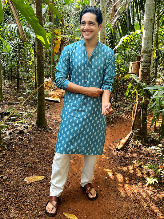 Men's Teal Cotton Floral printed kurta Pyjama Set ( JOKP 650Teal )