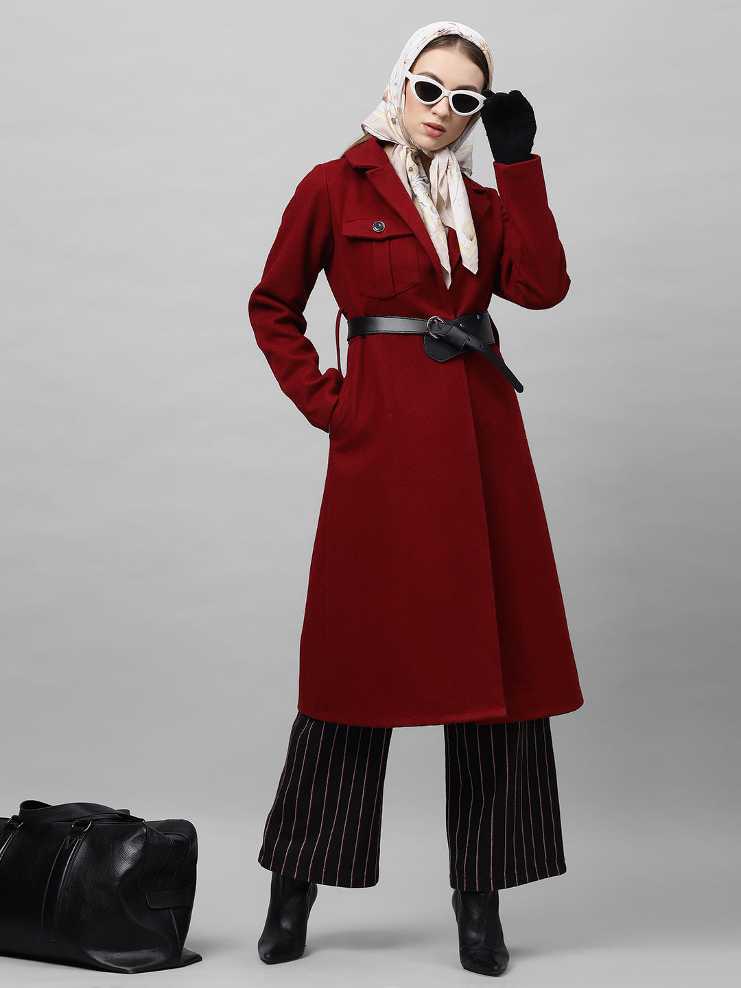 athena women burgundy solid longline overcoat