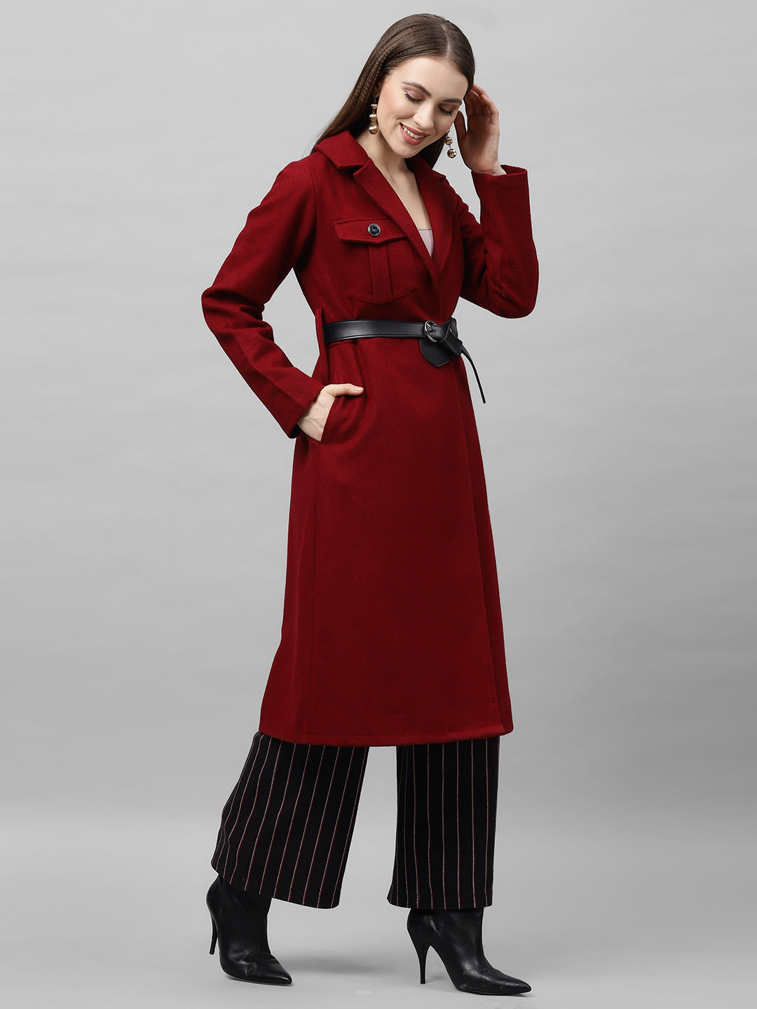 athena women burgundy solid longline overcoat