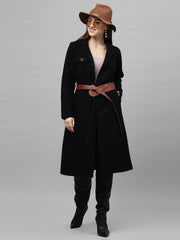 athena women black solid woollen knee length wrap coat