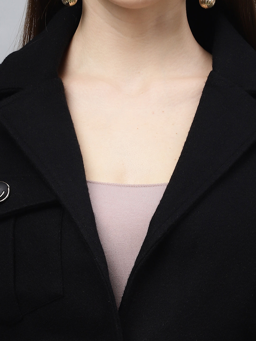 athena women black solid woollen knee length wrap coat