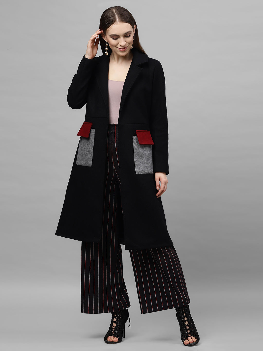 athena women black grey colorblock longline over coat