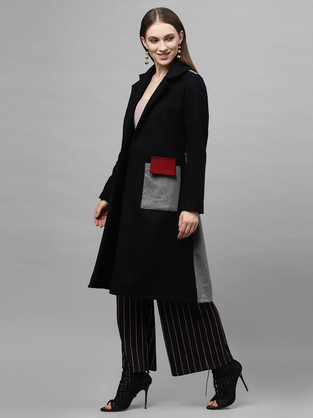 athena women black grey colorblock longline over coat