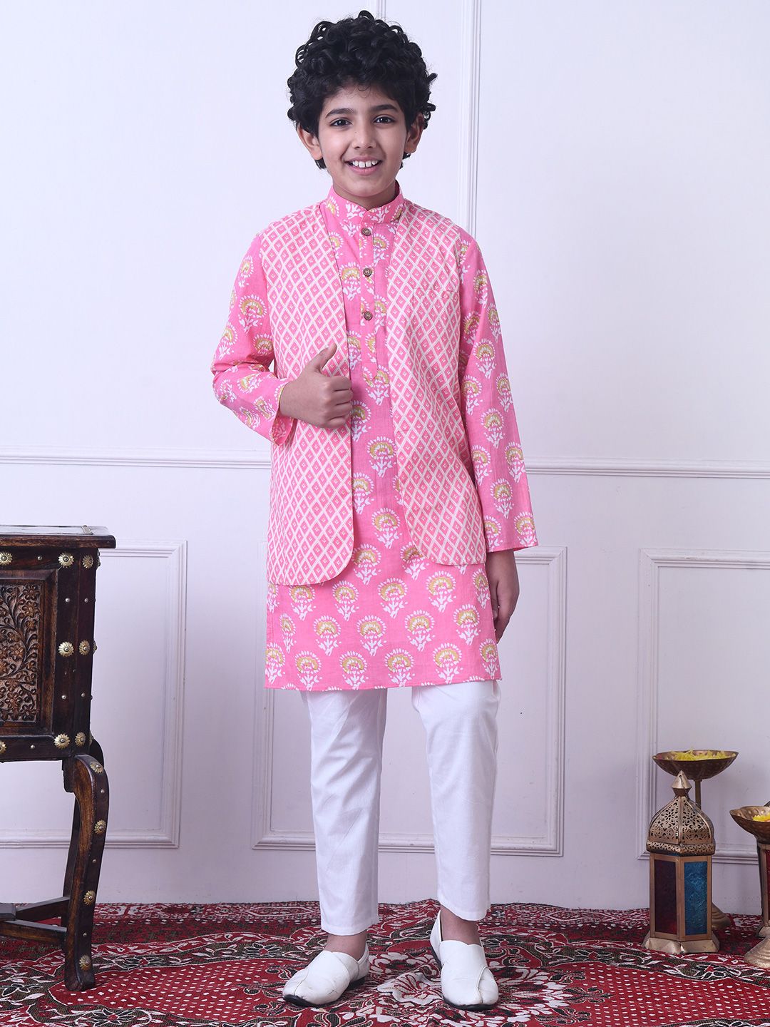 Indi Loom Couture Boys Pink Printed Kurta with Jacket & Pyjama Set ILBKSJ11