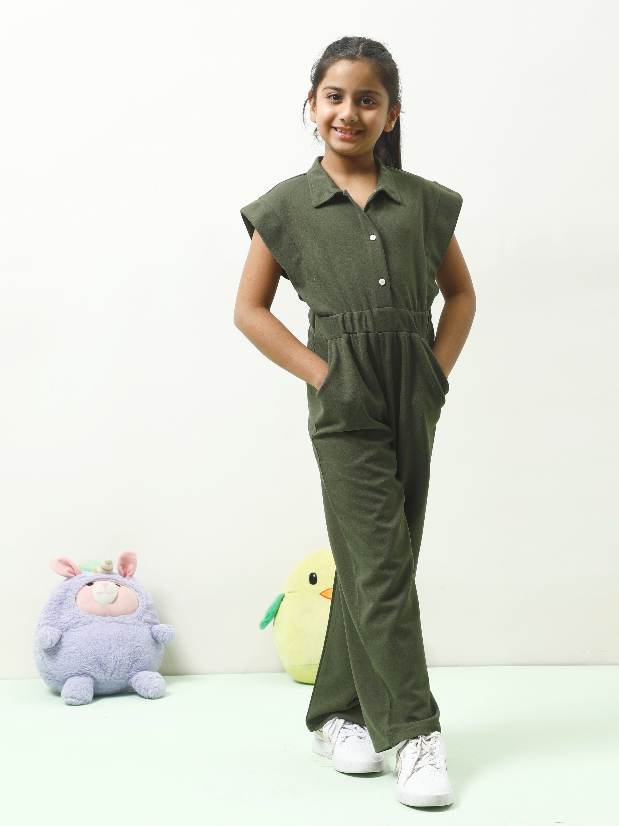 athena girl olive green solid jumpsuit
