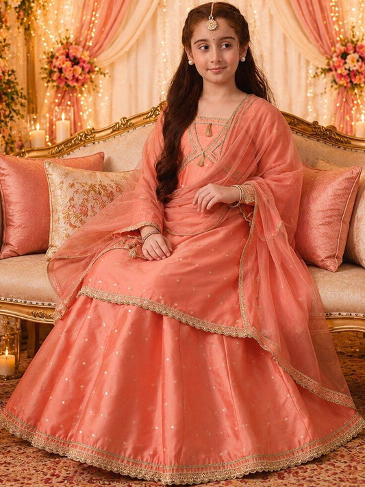 Indi Loom Couture Girls Peach Booti Kurta with Skirt & Dupatta Set ILLCD43