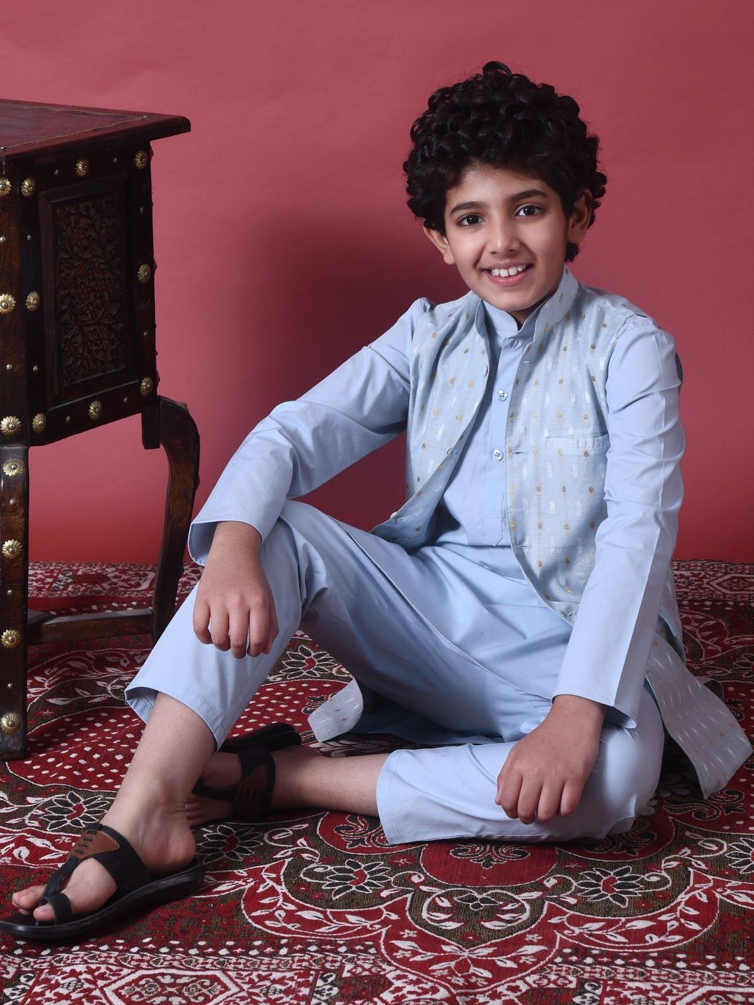 Indi Loom Couture Boys Light Blue Kurta with Chanderi Booti Jacket & Pyjama Set ILBKSJ07