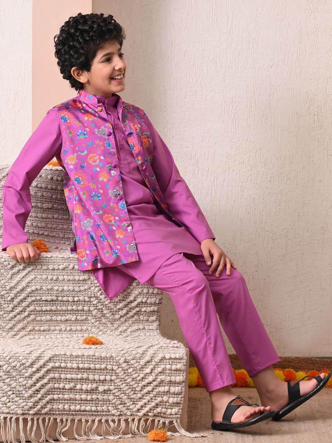 Indi Loom Couture Boys Purple Kurta with Floral Printed Jacket & Pyjama Set ILBKSJ20