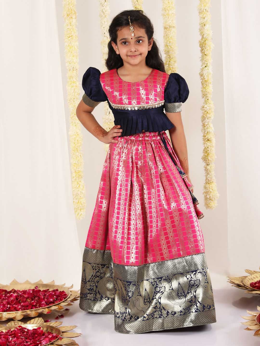 Vastramay - Girl'S Pink Pavda Pattu Lehenga Choli Set