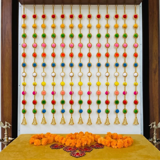 Multicolour Pom Pom Hanging with Bell Pack of 6