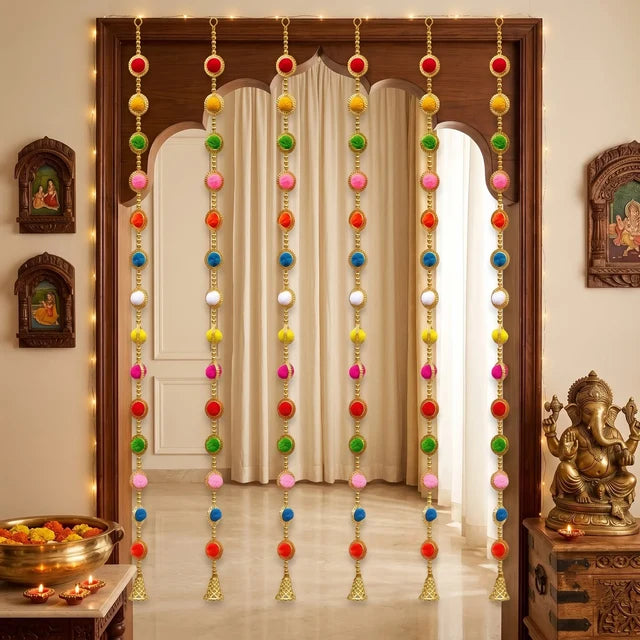 Multicolour Pom Pom Hanging with Bell Pack of 6