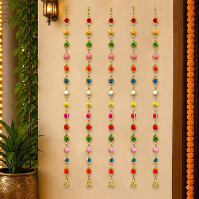 Multicolour Pom Pom Hanging with Bell Pack of 6