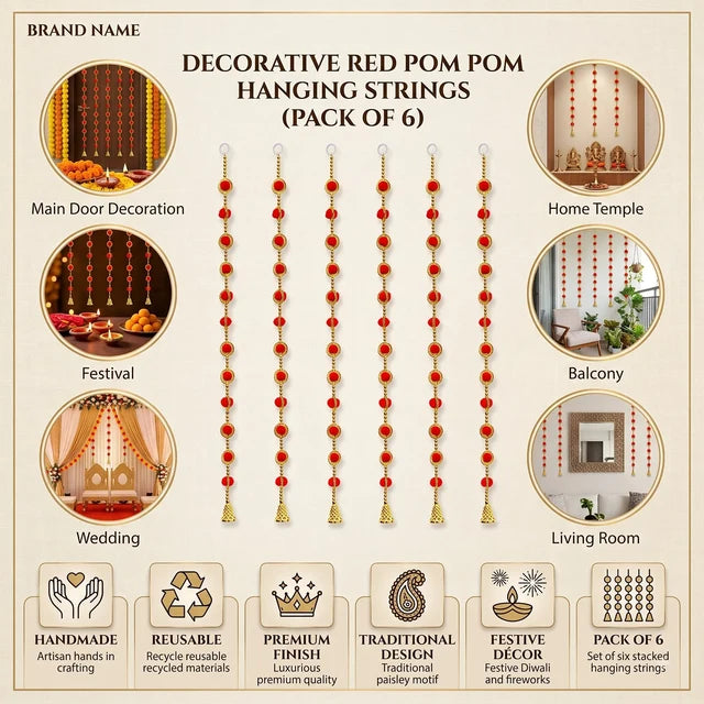 Red Pom Pom Hanging with Bell Pack of 6