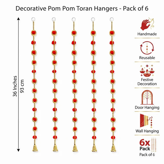 Red Pom Pom Hanging with Bell Pack of 6