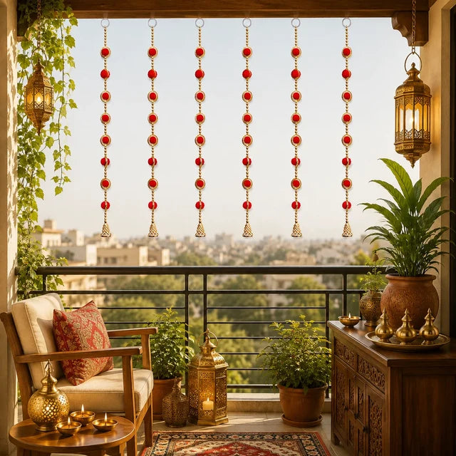 Red Pom Pom Hanging with Bell Pack of 6