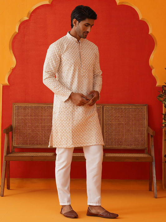 Sequins & Embroidered Kurta Pyjama Set For Men ( JJOKP P 5128Beige )