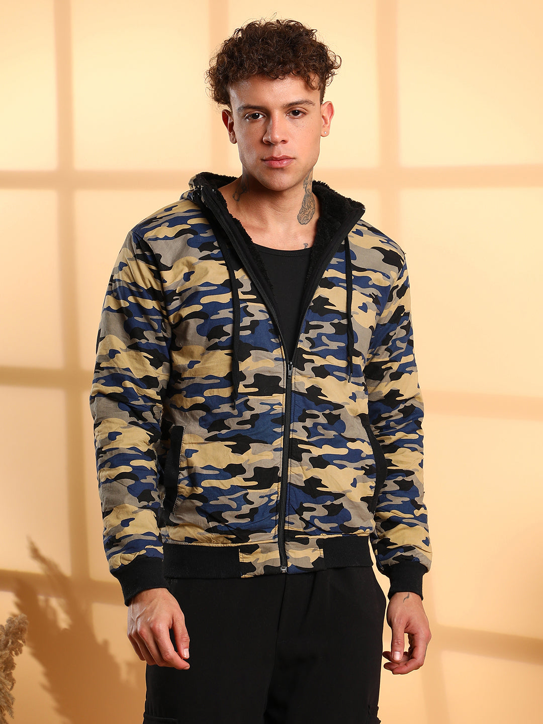 Mens Navy Blue Camouflage Hoodie With Insert Pocket