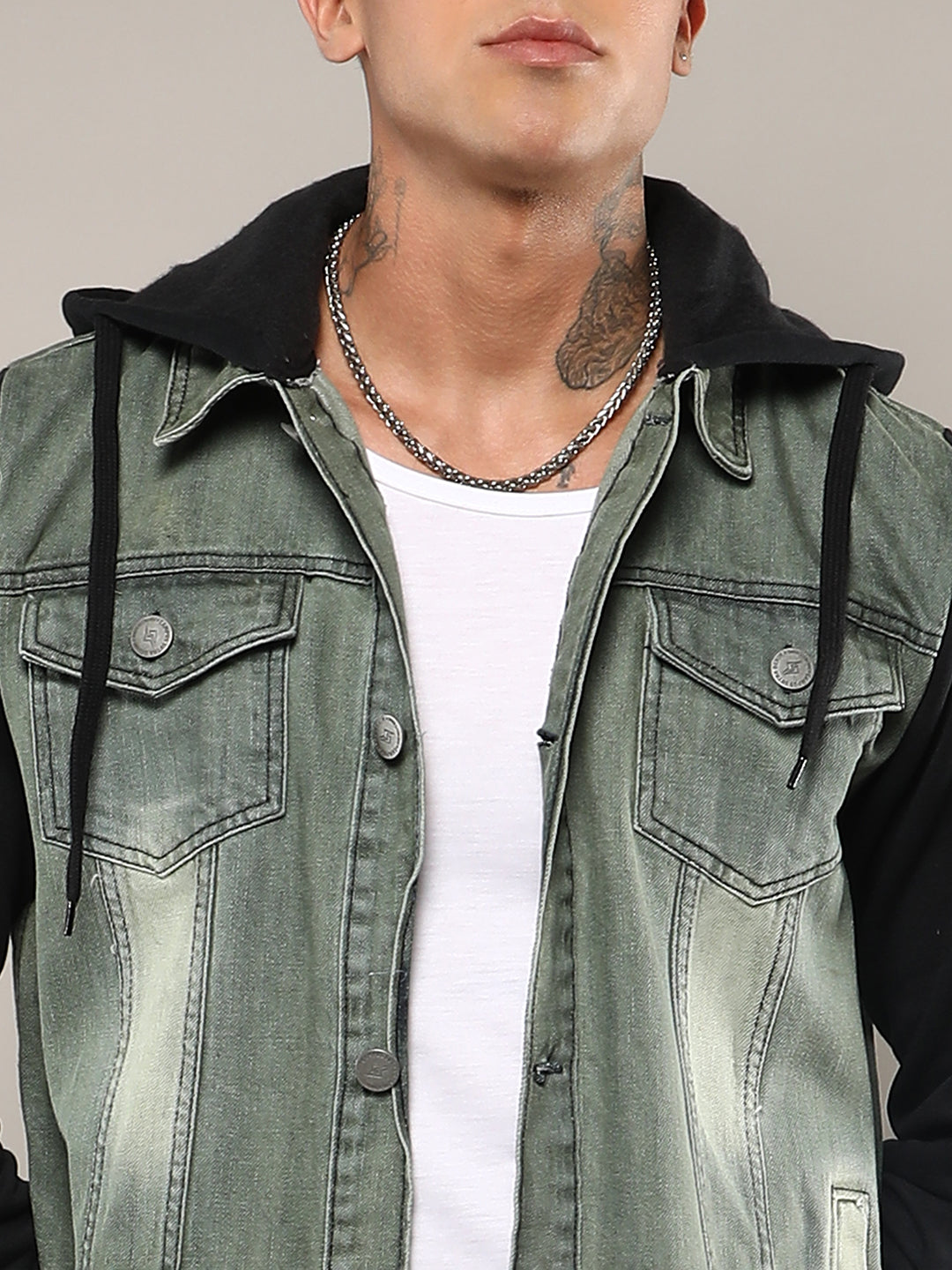 Mens Grey Black Light Wash Denim Jacket With Sweatshirt Sleeve