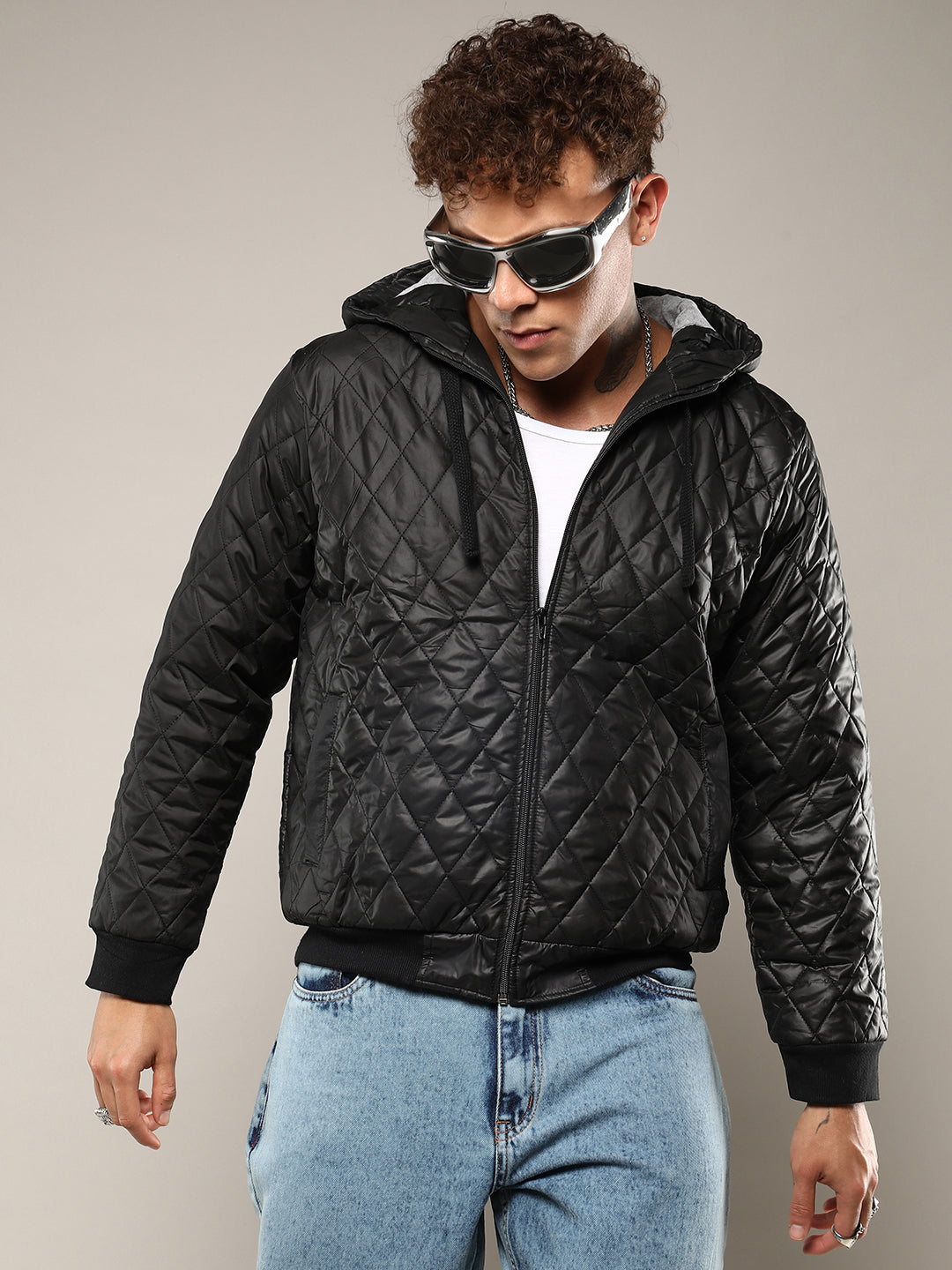 Mens Black Quilted Puffer Jacket With Zip Closure