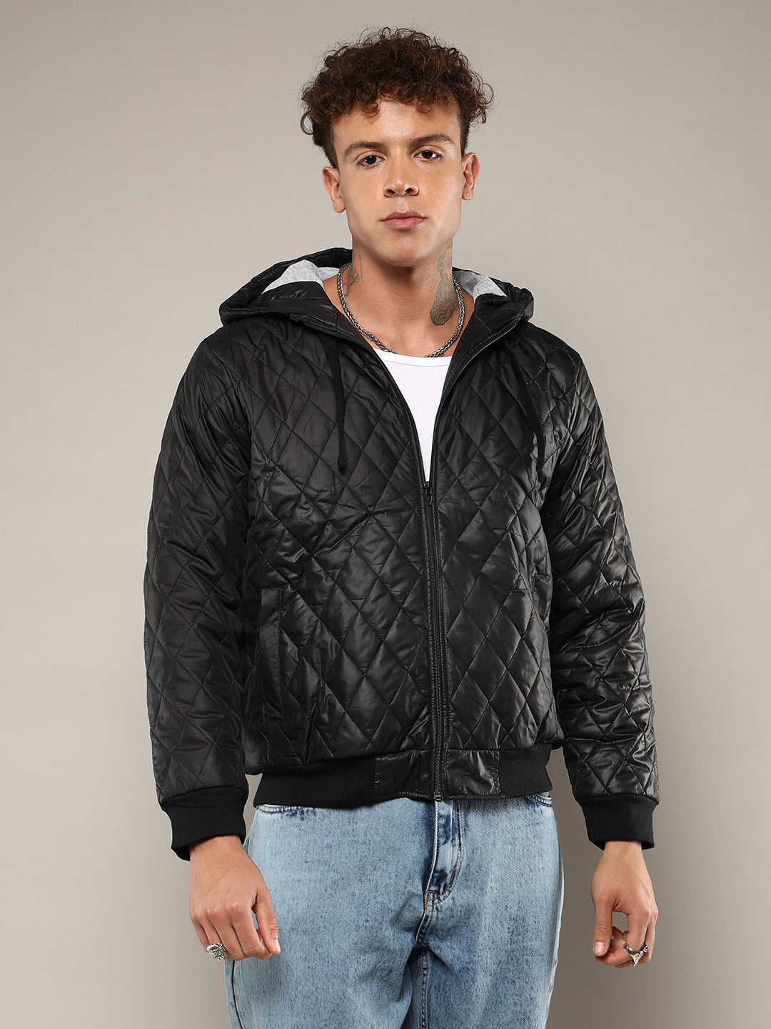 Mens Black Quilted Puffer Jacket With Zip Closure
