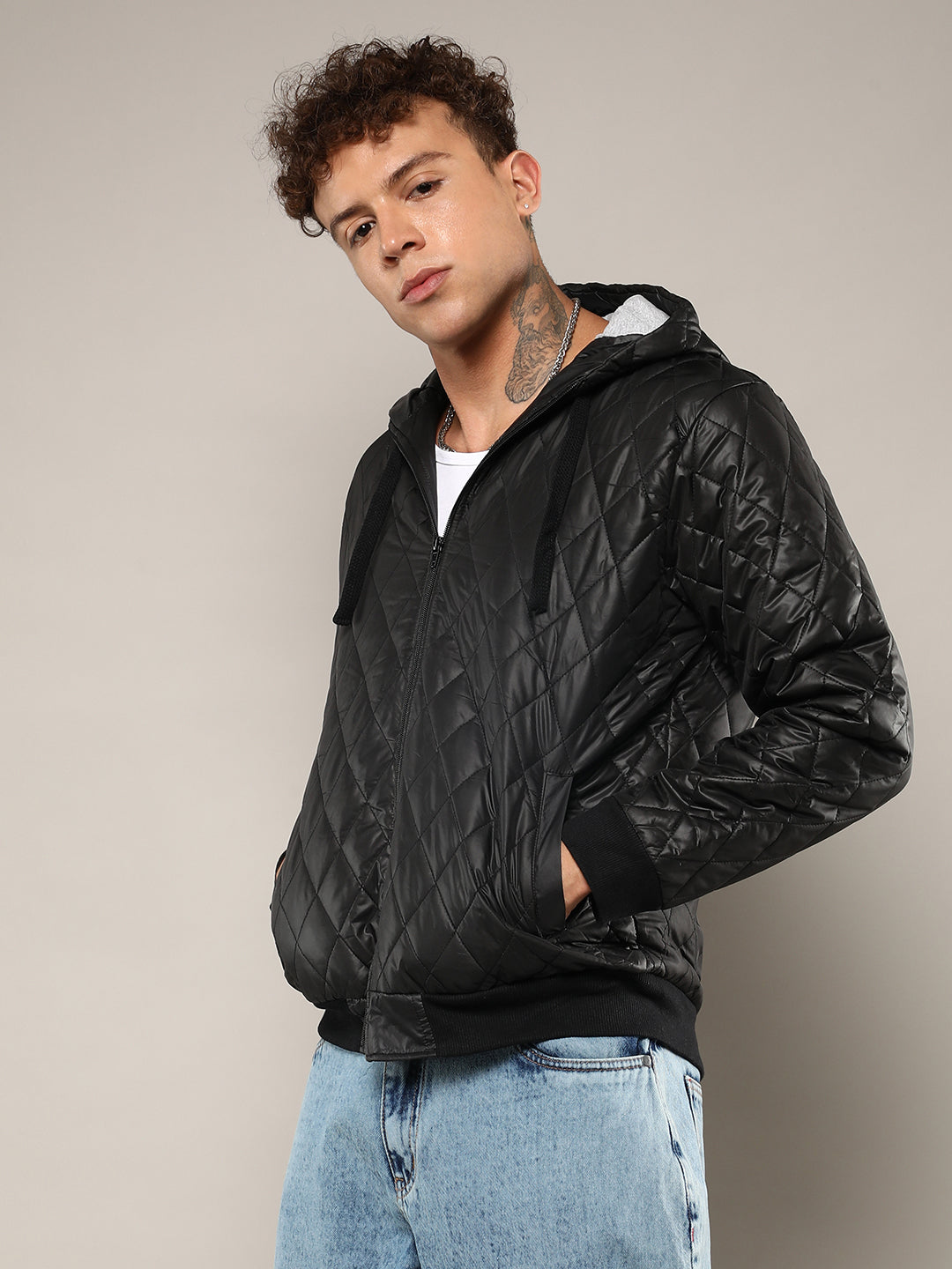 Mens Black Quilted Puffer Jacket With Zip Closure