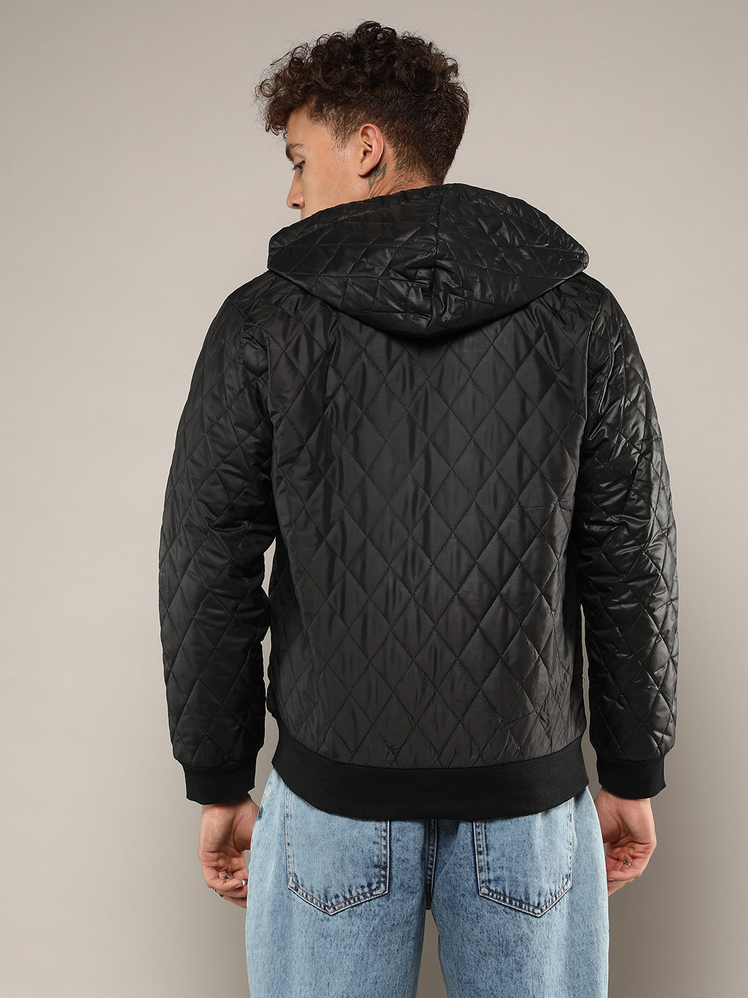 Mens Black Quilted Puffer Jacket With Zip Closure