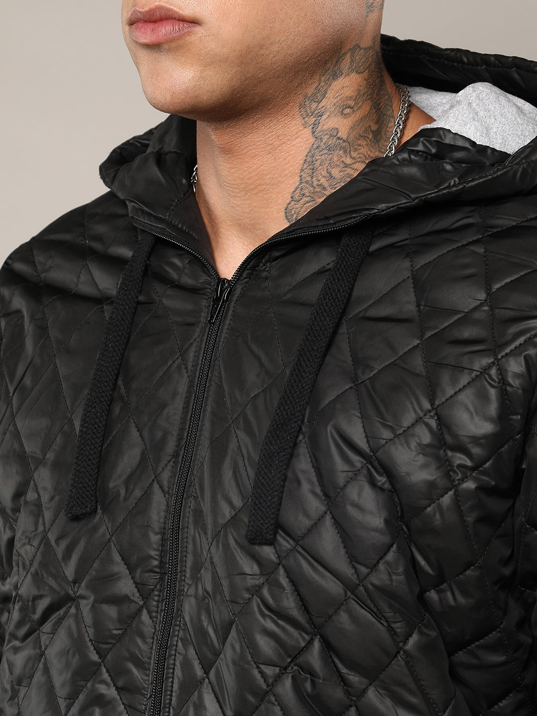 Mens Black Quilted Puffer Jacket With Zip Closure