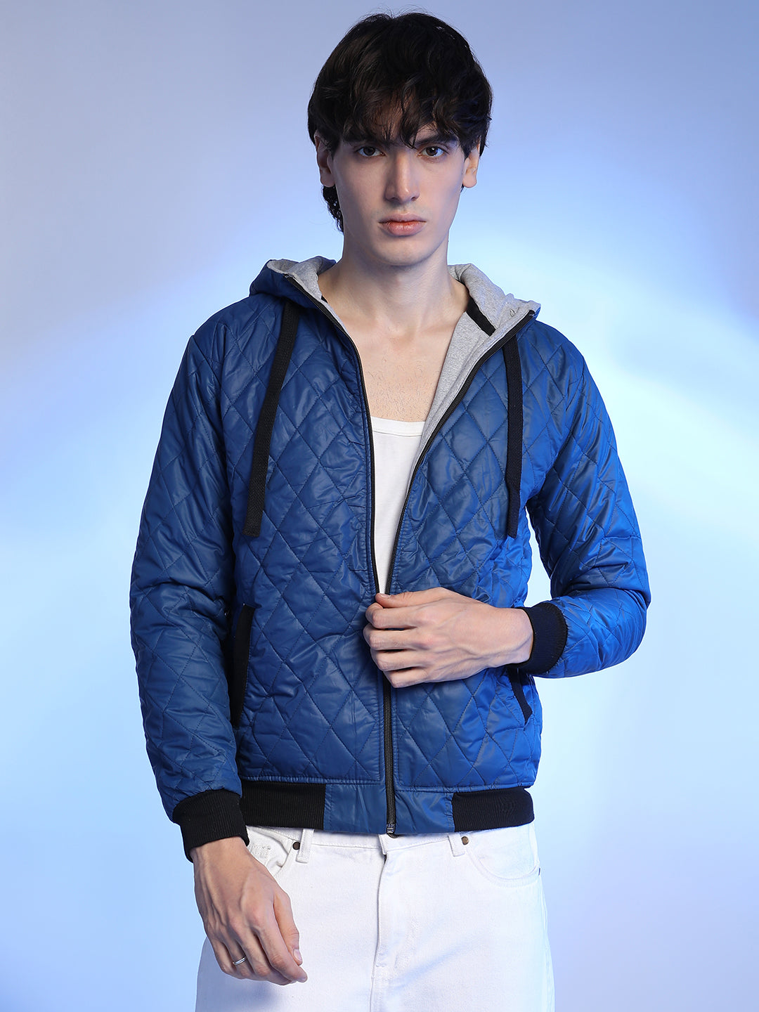 Mens Blue Quilted Puffer Jacket With Zip Closure