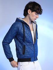 Mens Blue Quilted Puffer Jacket With Zip Closure