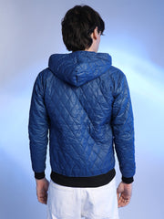 Mens Blue Quilted Puffer Jacket With Zip Closure