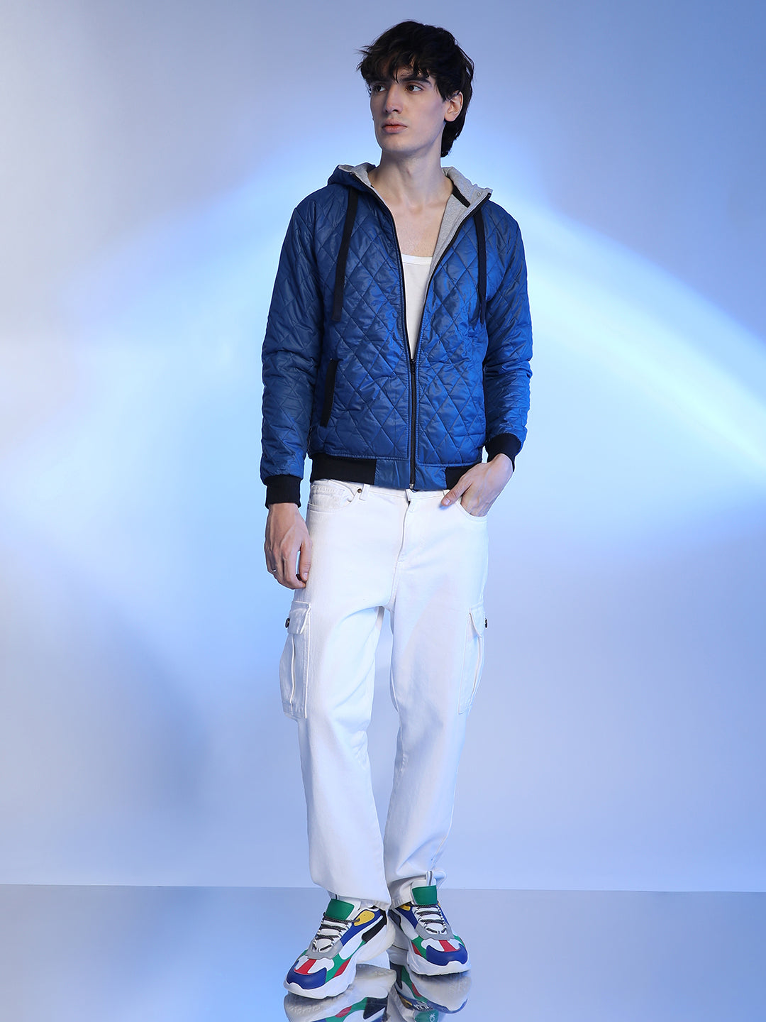 Mens Blue Quilted Puffer Jacket With Zip Closure