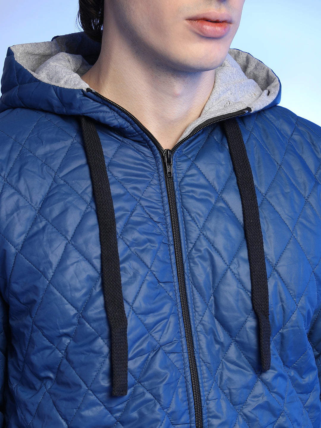 Mens Blue Quilted Puffer Jacket With Zip Closure