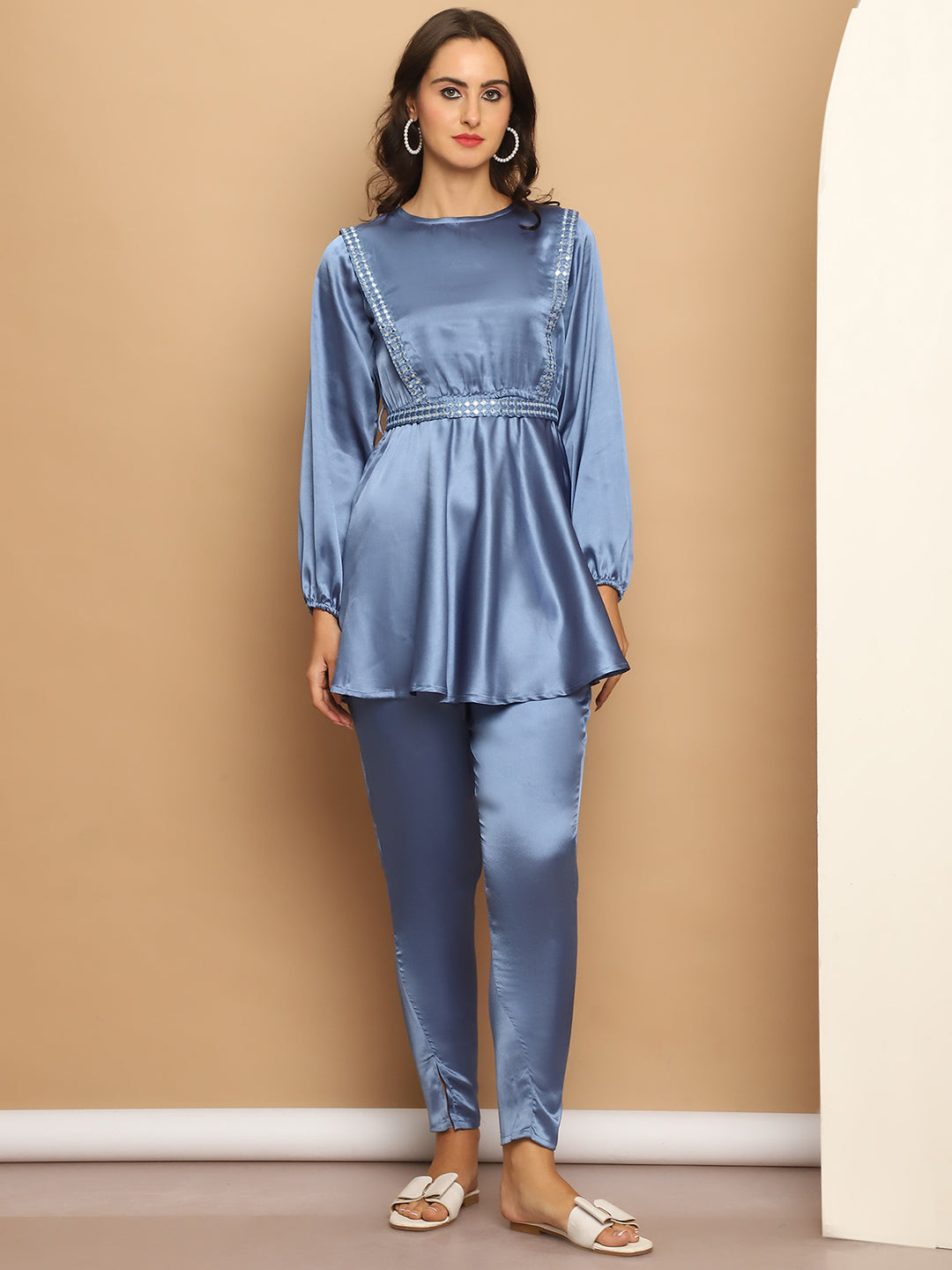 Womens Embroidered A Line Top And Trouser With Belt Injncs